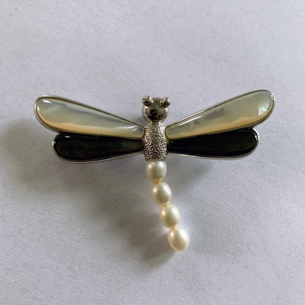 Mother of Pearl Sterling Silver Dragonfly FW Pearl Pendant Brooch Pin Jewelry